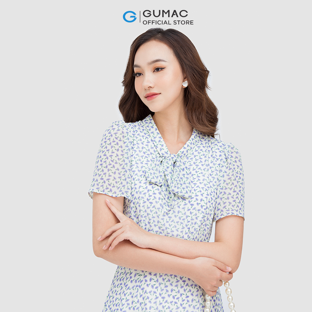 Đầm họa tiết GUMAC DC05044 form A phối dây thắt nơ kiểu dáng dễ thương