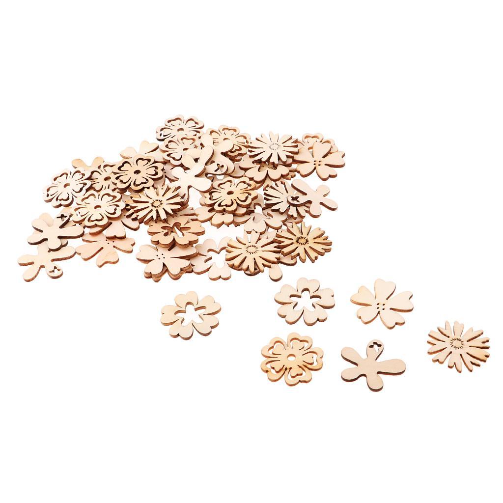 2-4pack 50 Pieces Assorted Natural Cut Wood Flower Shapes Craft DIY