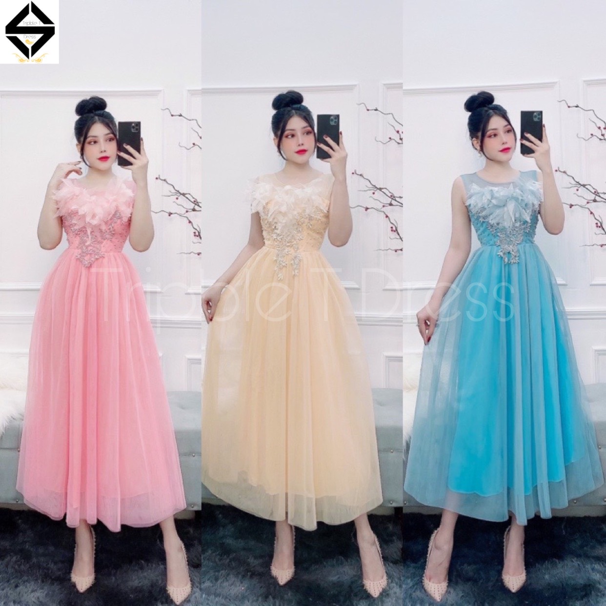 Đầm dự tiệc công chúa phối hoa nổi TRIPBLE T DRESS -size M/L - MS137Y