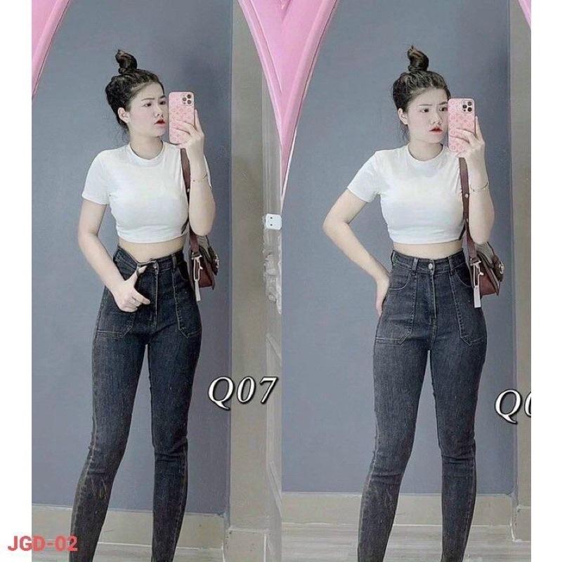 Quần jeans nữ túi đắp vuông xám đen xước - Quần skinny jeans lưng cao quảng châu