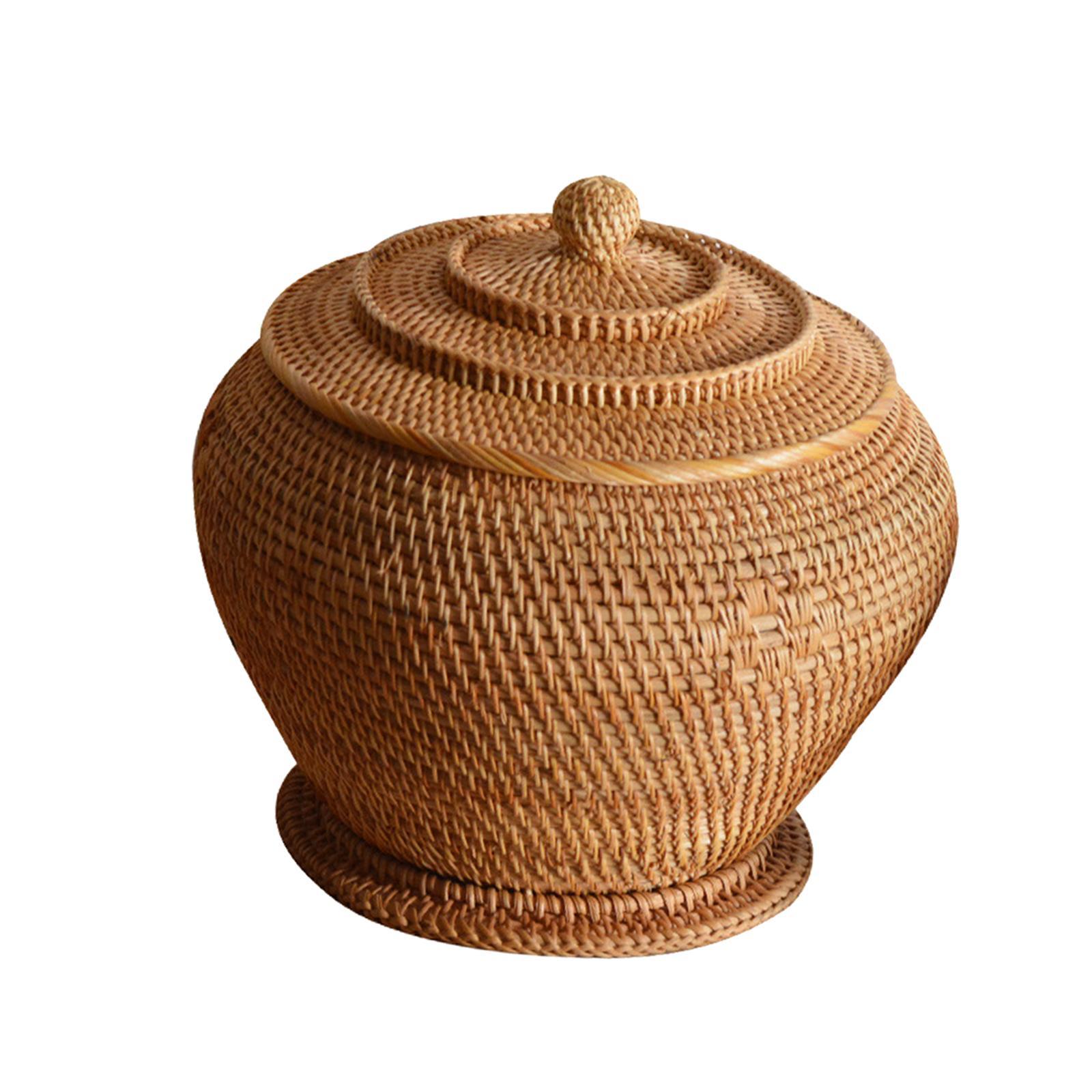 Rattan Woven Basket with Lid Durable Organizer Round for Vegetable Kitchen