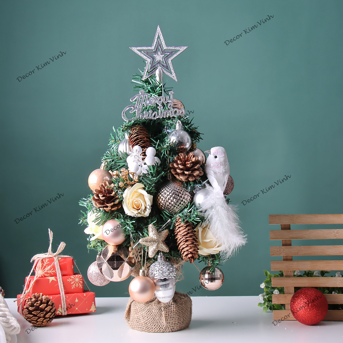 Cây Thông Noel Hàn Quốc THQ16 40cm Cây Thông Hoa Hồng Trang Trí Giáng Sinh