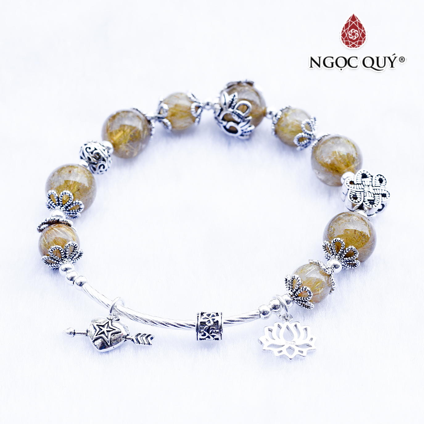 Vòng thạch anh tóc vàng phối lu thống charm bạc hạt 8mm mệnh thủy, kim - Ngọc Quý Gemstones