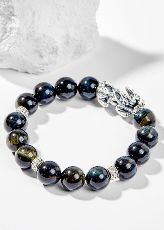 Vòng Tay Phong Thủy Đá Mắt Hổ Xanh Đen Phối Charm Tỳ Hưu Bạc Mệnh Thủy, Mộc Ngọc Quý Gemstones