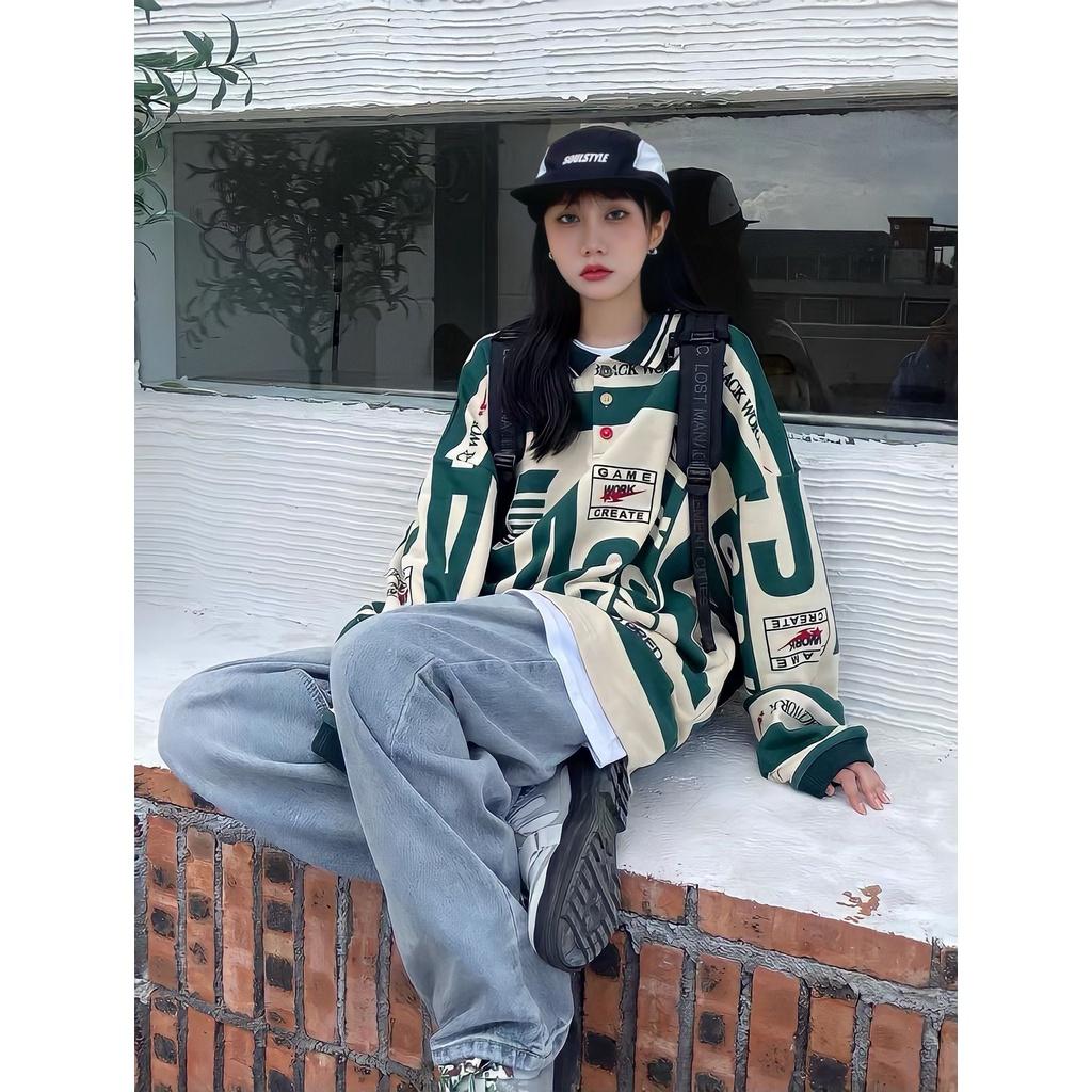 Áo Sweater Cổ Polo Dài Tay In Chữ BLACK WORK Phối Màu Xanh Be Dáng Rộng Basic