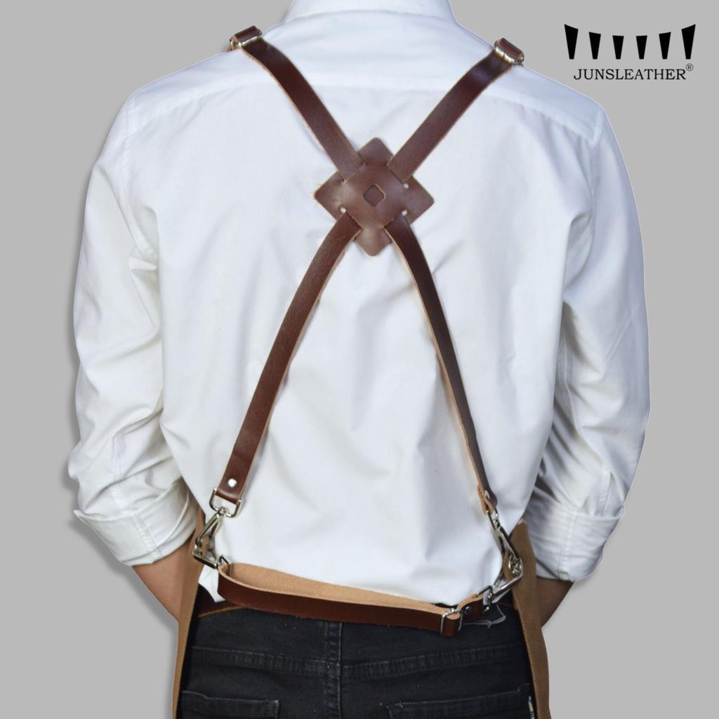 Tạp dề pha chế vải canvas dây da của Junsleather phối da bò cao cấp dành cho Barista/Bartender