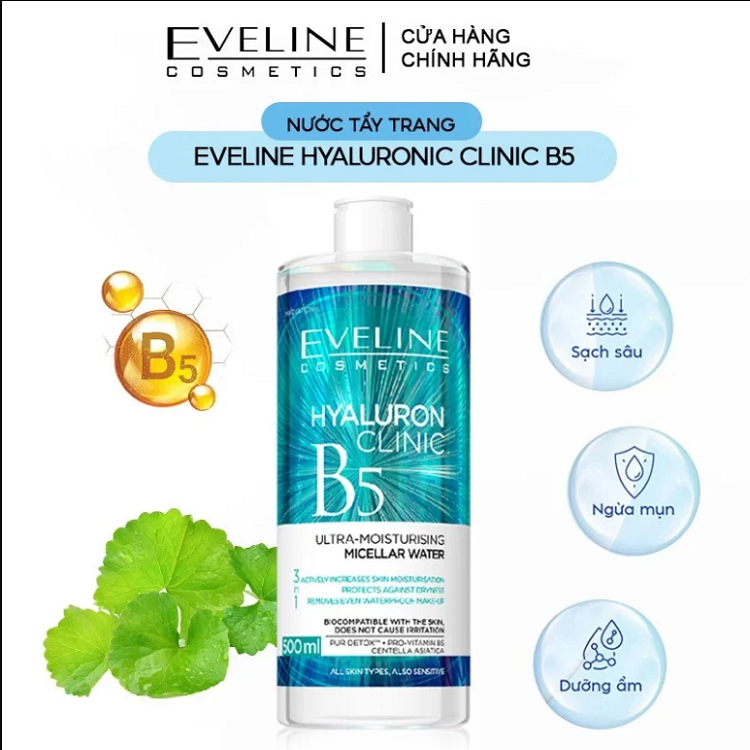 Nước tẩy trang Eveline Hyaluronic Clinic B5 ngăn ngừa mụn lão hóa và dưỡng ẩm da 500ml