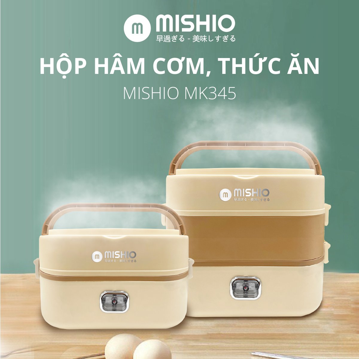 Hộp Hâm Cơm - tiệt trùng bình sữa Mishio MK345 kèm 4 hộp đựng inox 304