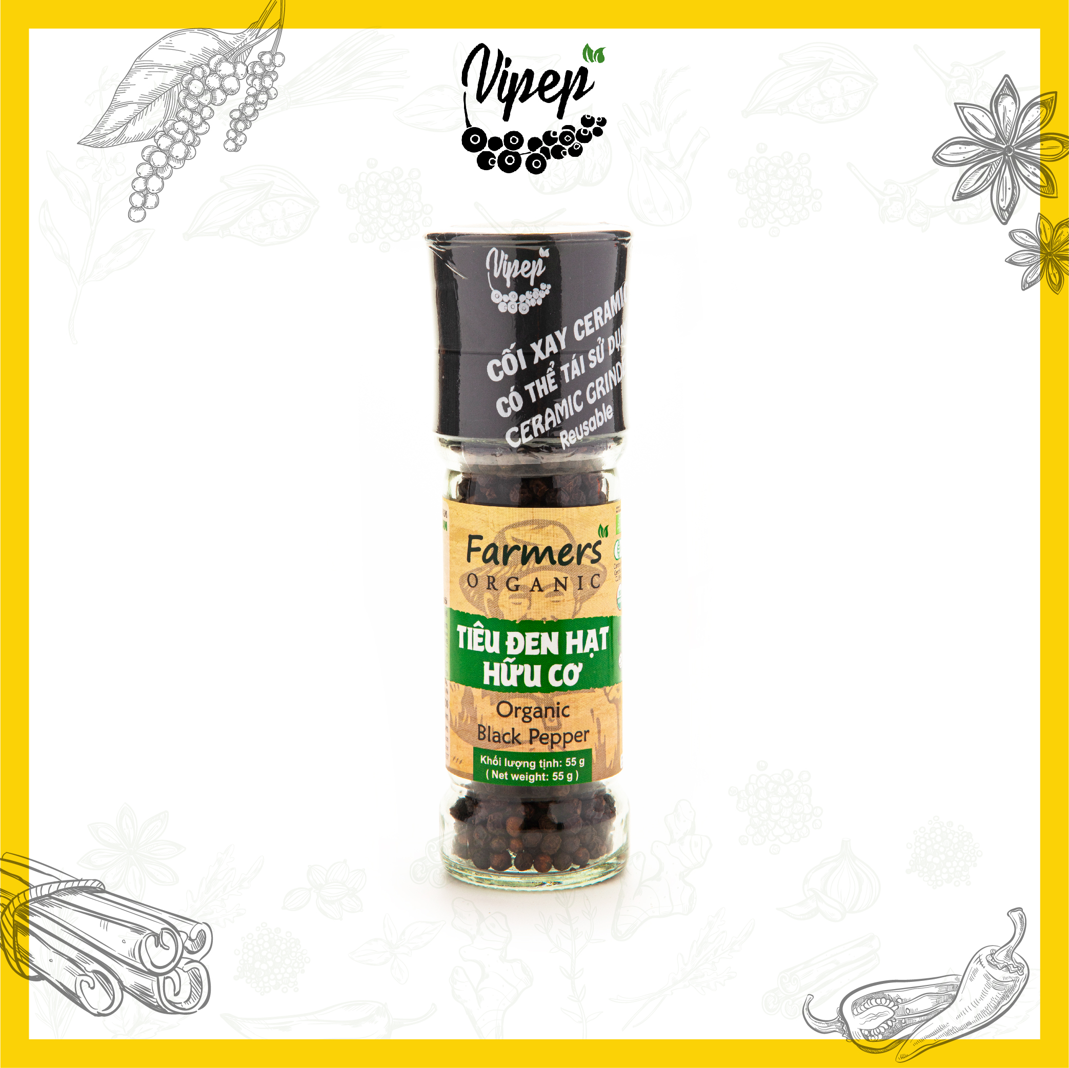 Tiêu Đen Hạt Farmers' Organic Cối Xay Vipep Hũ Thủy Tinh 55g