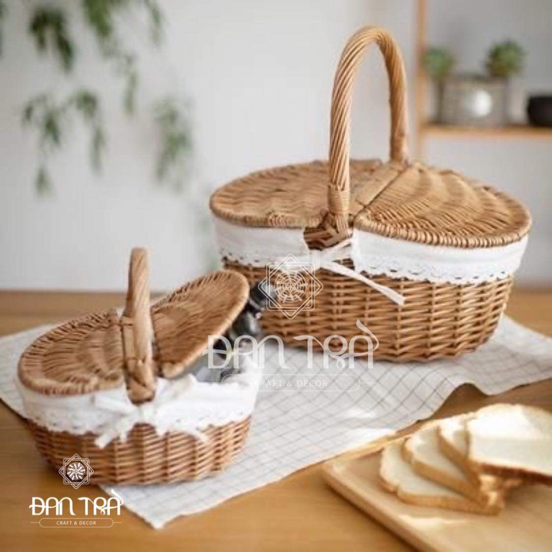 Giỏ Mây Picnic Lót Vải Có Nắp -Giỏ Mây Decor Phòng- Phụ Kiện Decor Mây Tre Đan