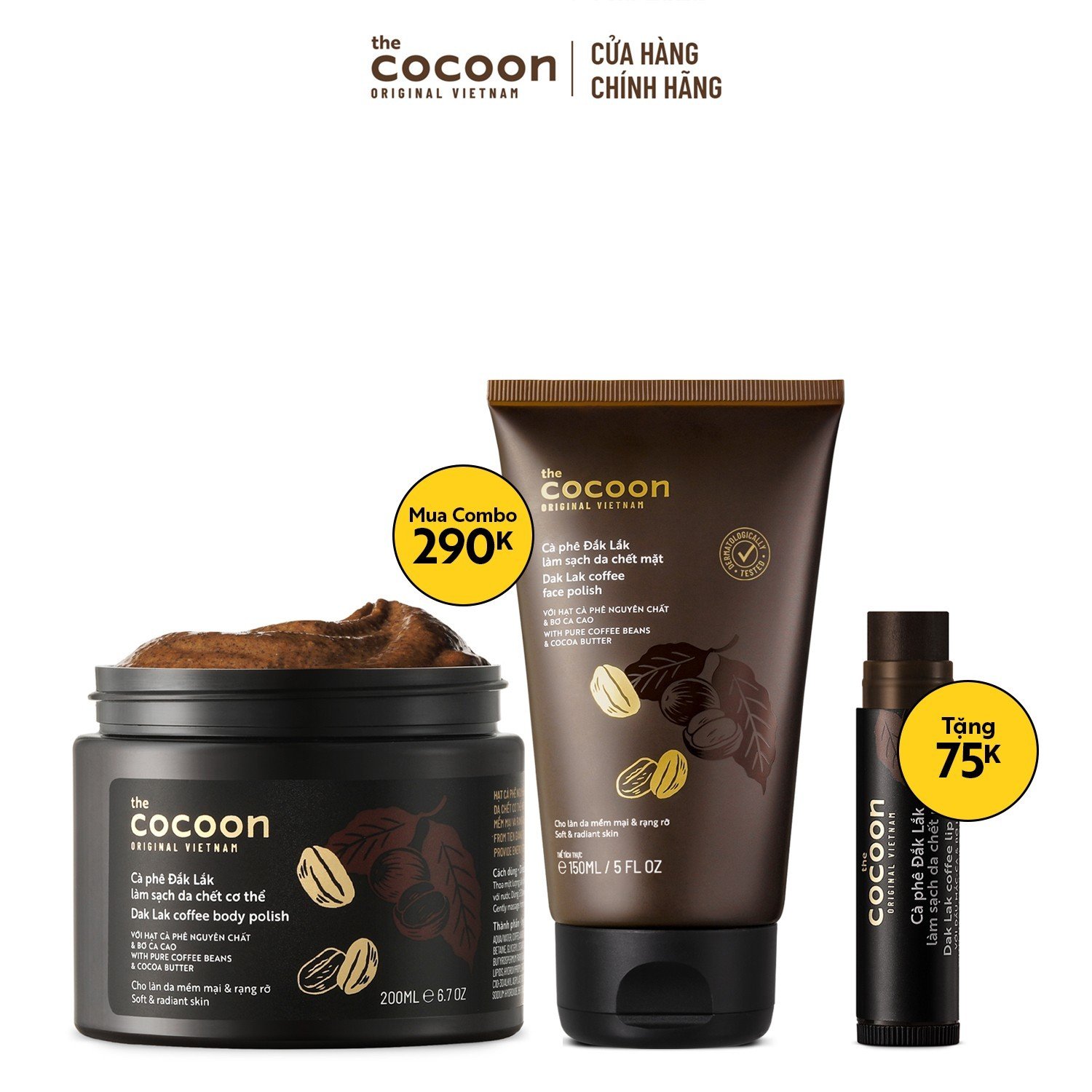 SPECIAL COMBO làm sạch da chết cơ thể và mặt từ cà phê Đắk Lắk Cocoon (tặng tẩy da chết môi cà phê Đắk Lắk 5g)