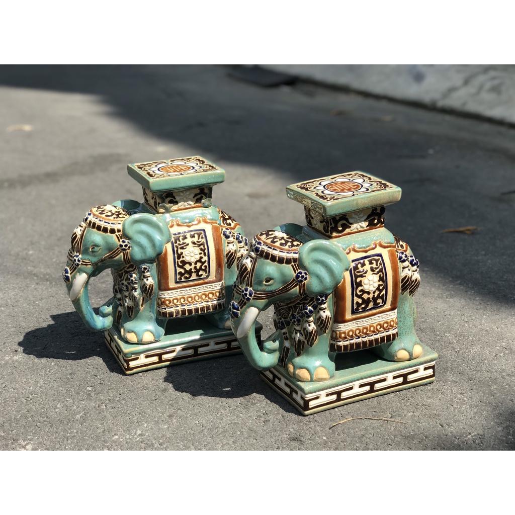 ĐÔN VOI GỐM SỨ TRANG TRÍ DECOR 30CM MEN XANH ĐỒNG TRỔ