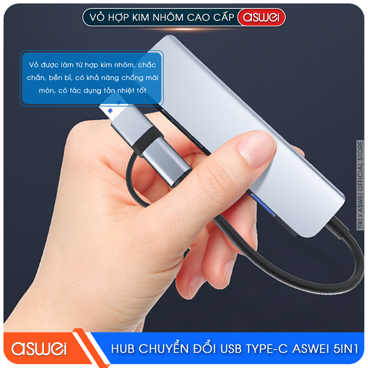Hub Chuyển Đổi USB Type C ASWEI 5 in 1 - USB 3.0, SD, TF Tốc Độ Cao - Hàng Chính Hãng