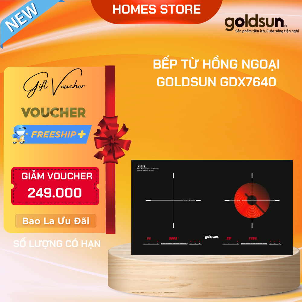 Bếp Từ Đôi Kiêm Bếp Hồng Ngoại GOLDSUN GDX7640 Mặt Kính Cường Lực Công Suất 4000W Công Nghệ Inventer Tiết Kiệm Điện - Hàng Chính Hãng