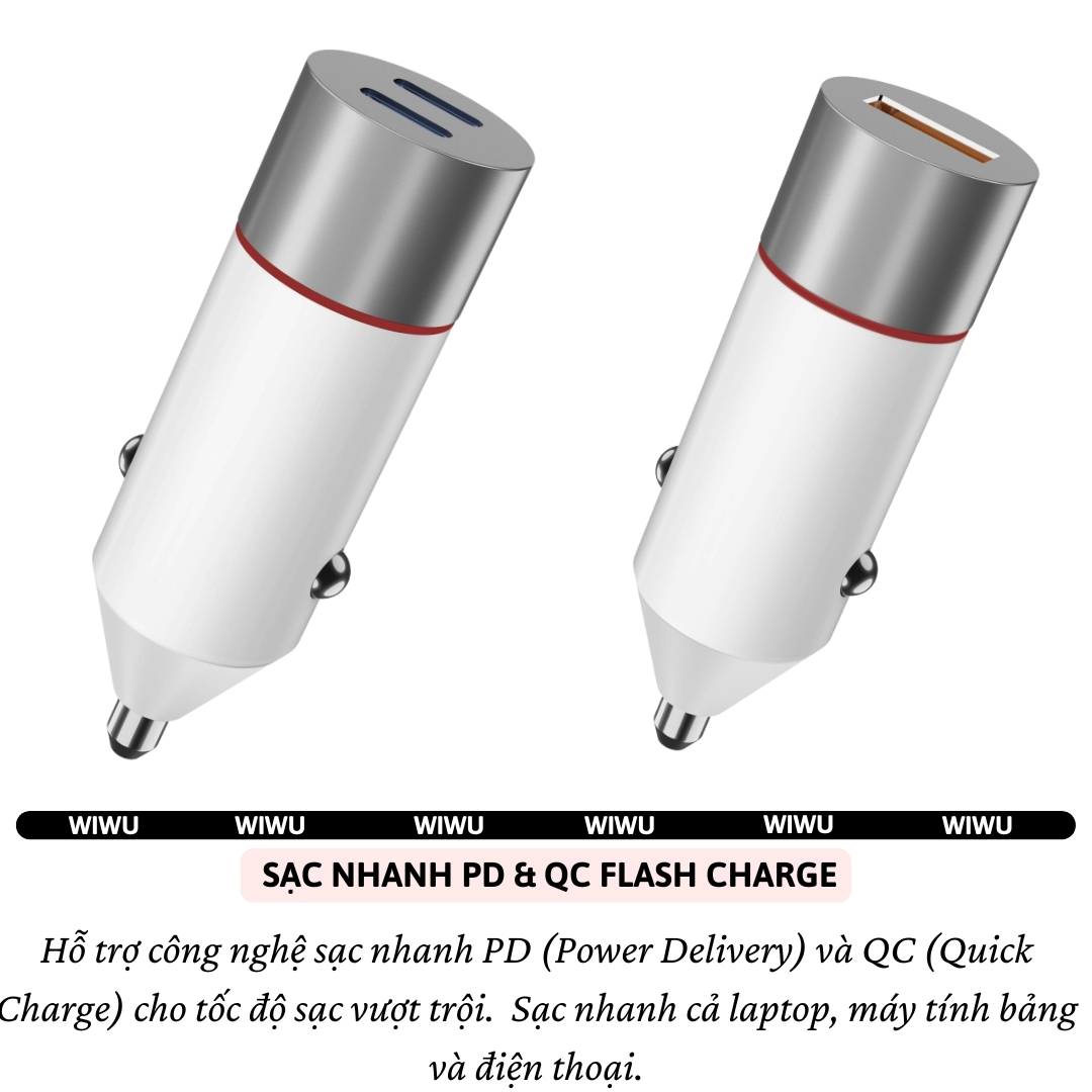 Tẩu củ sạc nhanh xe hơi ô tô PD 60W 2 Type-C USB-A QC3.0 hiệu WIWU Mars cho iphone 16 15 14 13 12 iPad Vivo Oppo samsung Macbook - hàng nhập khẩu