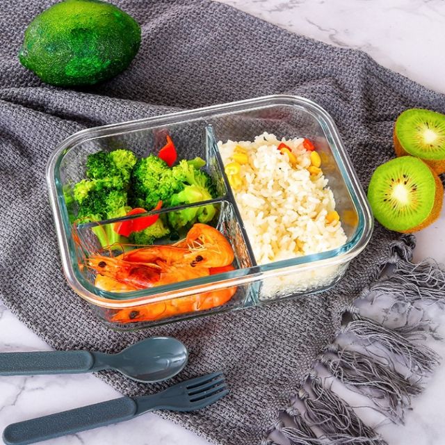 Bộ Hộp Cơm Thủy Tinh 3 Ngăn Cao Cấp - Kèm Túi Xách , Bát Tròn đựng canh và Đũa Thìa inox