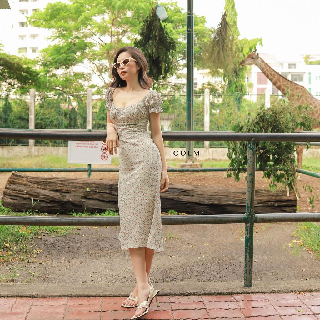 Đầm Trễ Vai Tay Phồng Dáng Dài Hoa Nhí Chất Voan Cát Cao Cấp Màu Xanh Mint CO EM ThiếT Kế