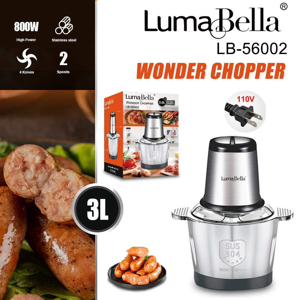 Máy xay thịt cối INOX304 Lumabella LB-56002 dung tích lớn 3L, công suất cao 800W, 4 lưỡi đa năng xay nhuyễn thịt cá nhanh chóng - DELIYA - HÀNG CHÍNH HÃNG