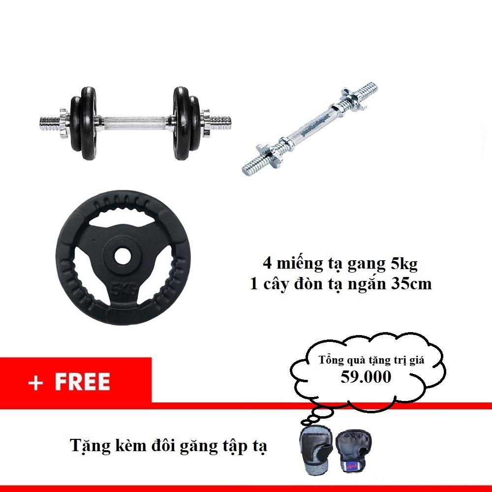 Bộ tạ tay tháo lắp miếng gang tạ bánh gang 3 lỗ 21.5kg (1 đòn tạ 35cm + 4 miếng gang 5kg) tặng kèm 1 găng tay có cuốn