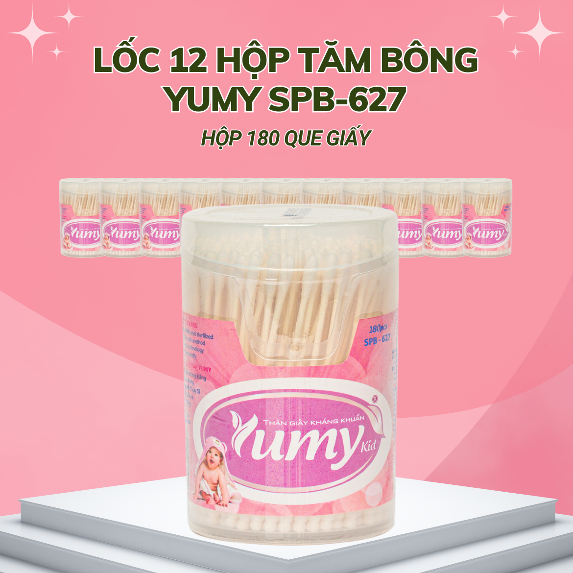 Lốc 12 hộp Tăm bông Yumy trẻ em thân giấy hộp vát 180 que SPB-627