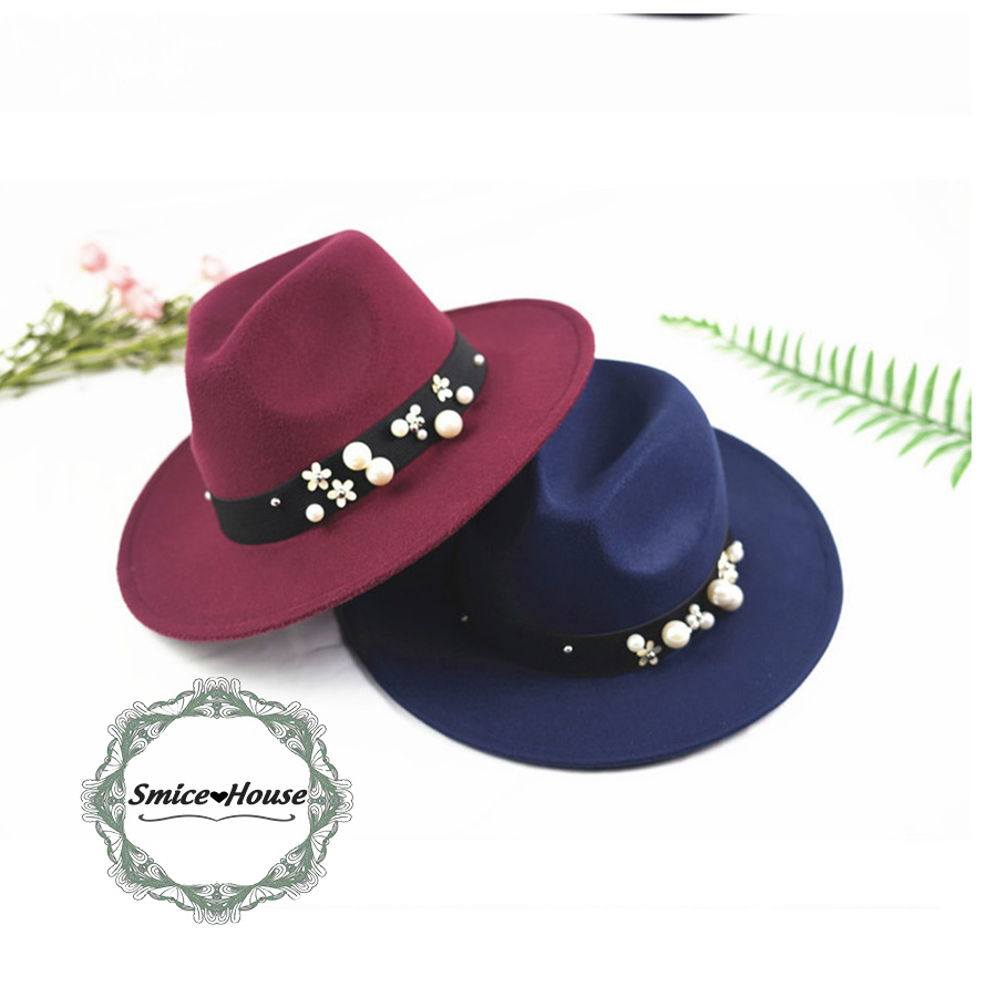 Nón phớt fedora retro vành rộng vải dạ nỉ mũ jazz đính hạt sang trọng dành cho cả nam và nữ hàng cao cấp - Smice House