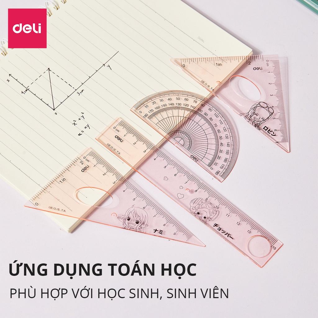 Bộ thước kẻ, thước đo độ, eke tam giác vuông học sinh Đảo Hải Tặc One Piece Deli - Bộ dụng cụ học tập 4 chiếc - Xanh hồng - EH17