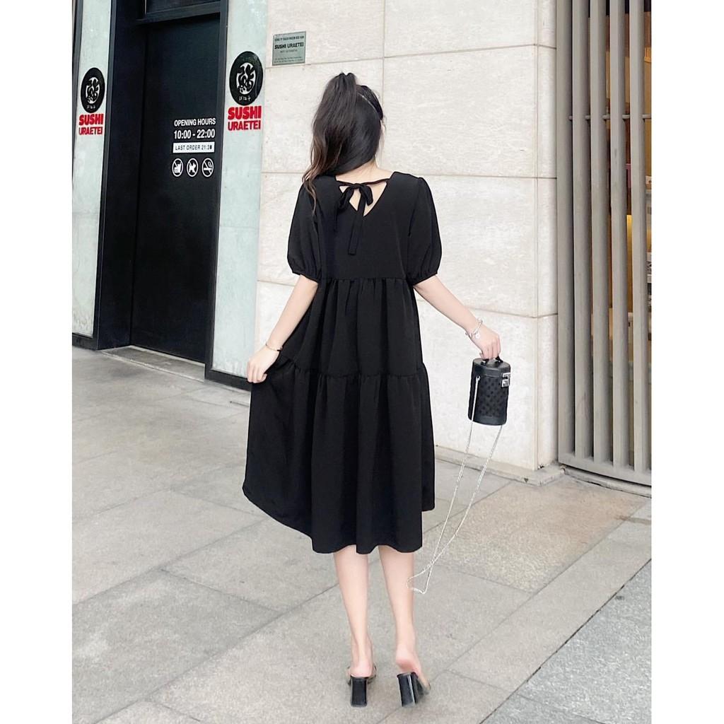 ĐẦM COTTON TRẮNG ĐEN BABYDOLL TAY LỠ DÁNG XÒE CÓ DÂY CỘT PHÍA SAU-hình thật shop chụp