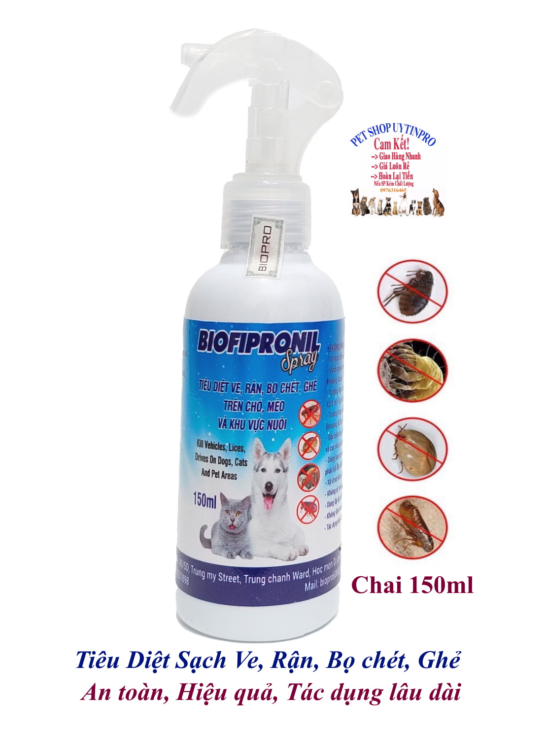 Chai xịt tiêu diệt sạch ve rận bọ chét ghẻ cho Chó, Mèo BioFipronil chai 150ml An toàn, Hiệu quả, Tác dụng lâu dài