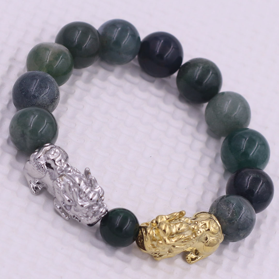 Vòng chuỗi đeo tay đá cẩm thạch xanh đậm 12 ly charm tỳ hưu đôi inox trắng và vàng, vòng chuỗi phong thủy, charm tỳ hưu, vòng tay hạt chuỗi