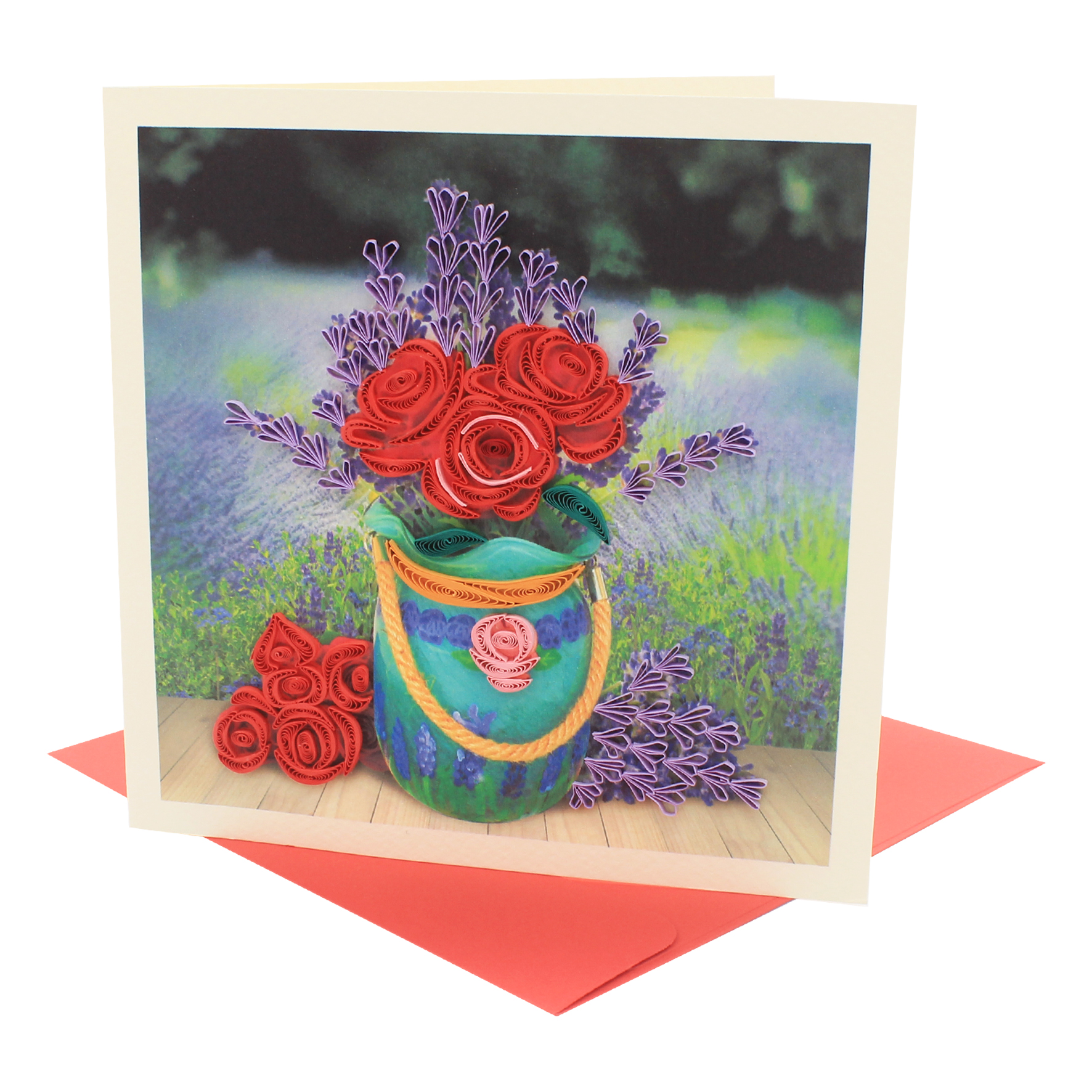 Thiệp Chúc Giấy Xoắn Thủ Công (Quilling Card) Bình Hoa Hồng &amp; Lavender - Tặng Kèm Khung Giấy Để Bàn