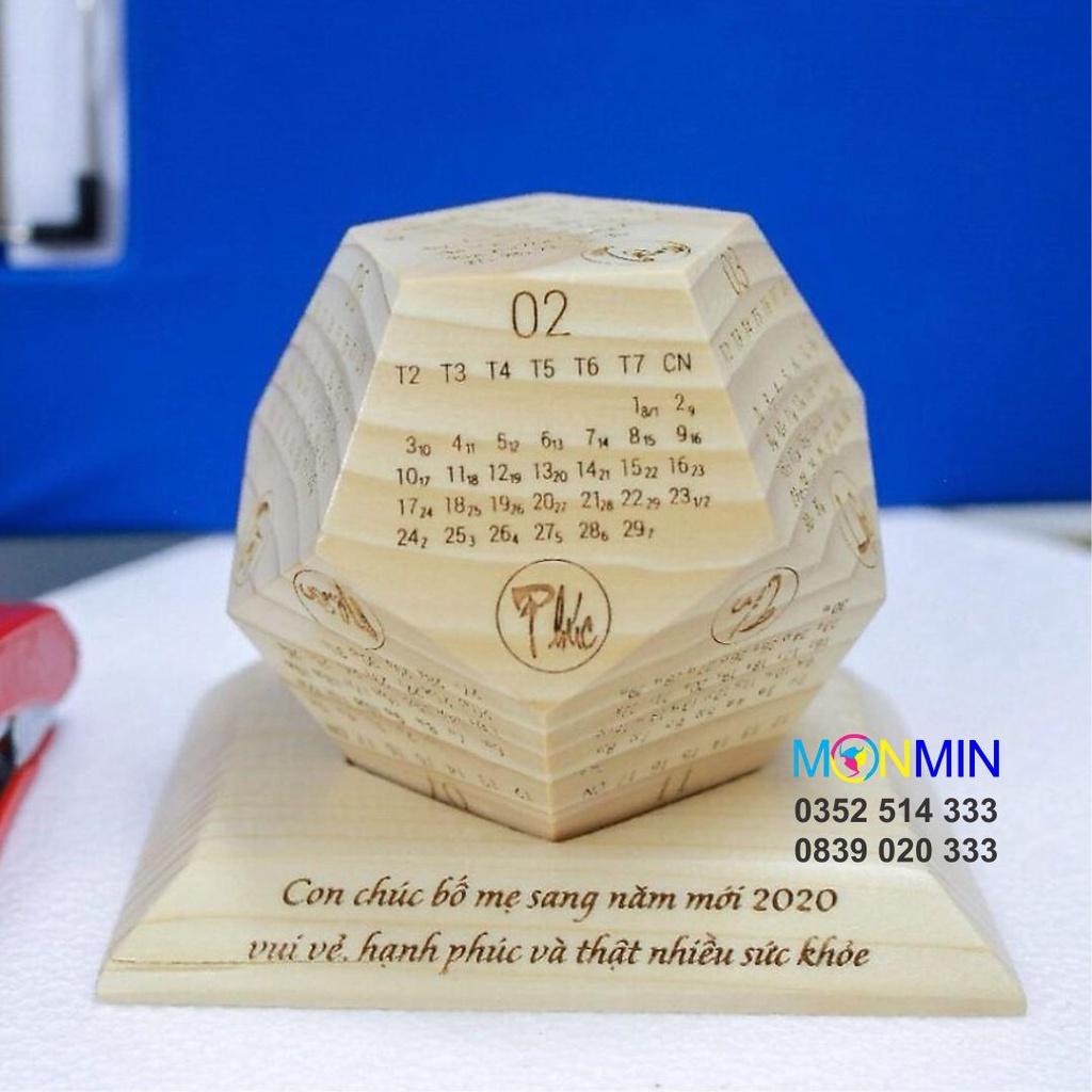 Lịch gỗ nguyên khối để bàn 12 mặt - Khắc theo ý muốn, lịch gỗ ngũ giác phong thủy - Quà tết tặng sếp, khách hàng