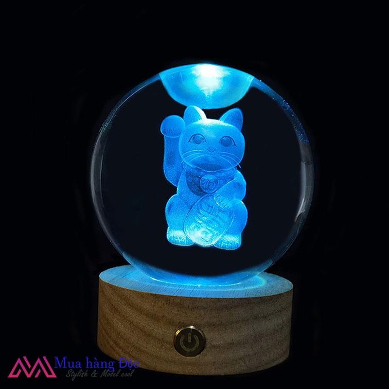 Bộ Quà Tặng Quả Cầu Pha Lê 3D larser LED Mèo Thần Tài 6cm