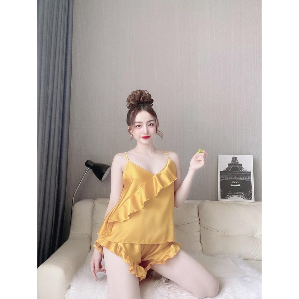 Giá Rẻ Đồ bộ lụa satin 2 dây cánh tiêng áo xếp bèo tầng quần đùi đồ ngủ mặc nhà cao cấp