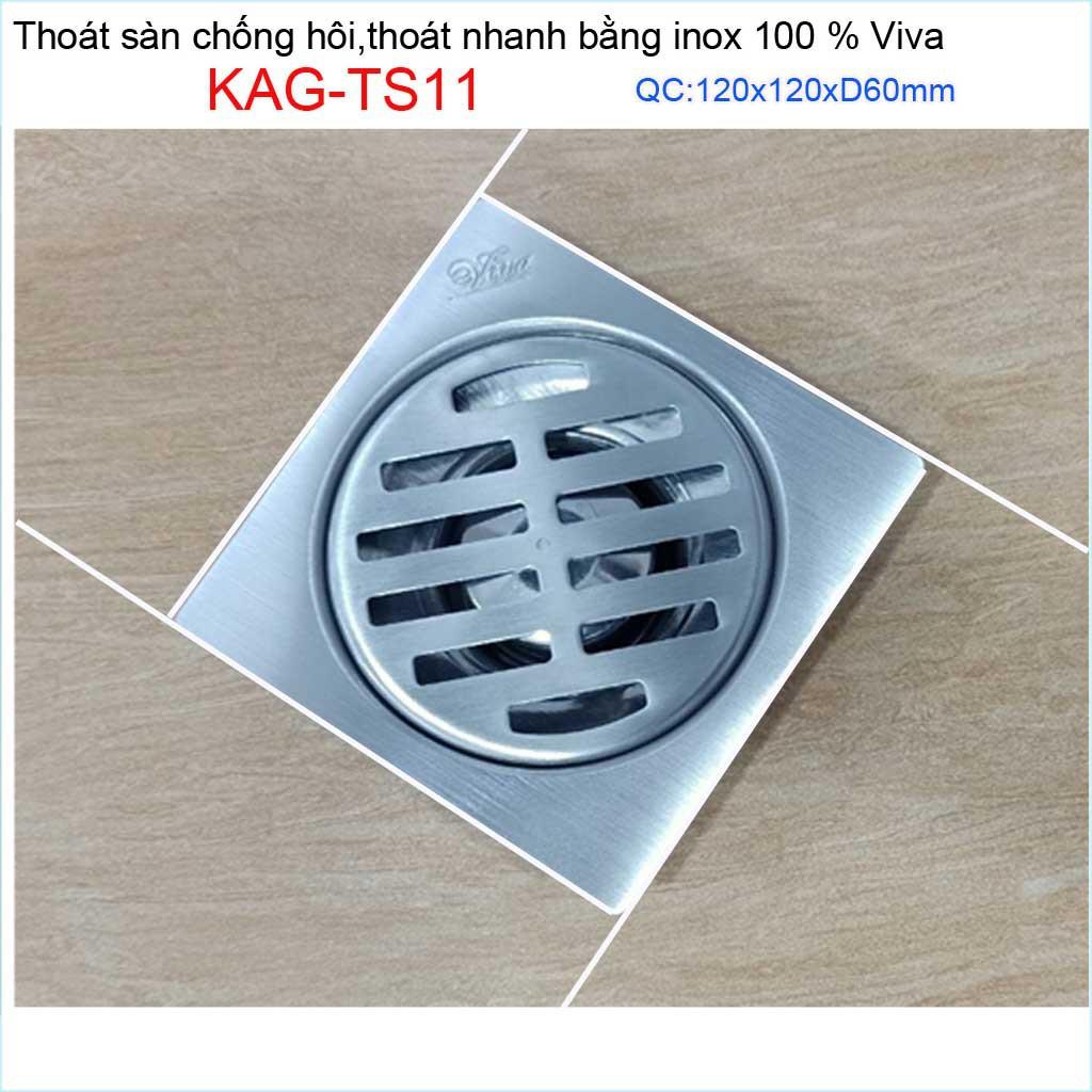 Hố ga thoát sàn inox đúc liền ống 6cm Inox mờ, phễu thoát nước chống hôi D60 vuông 12x12cm KAG-TS11