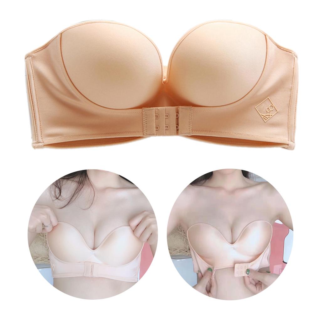 Women's Lift Strapless Bra Front Buckle Bralette Invisible Wirefree Anti-Slip Push Up Underwear 3/4 Cup