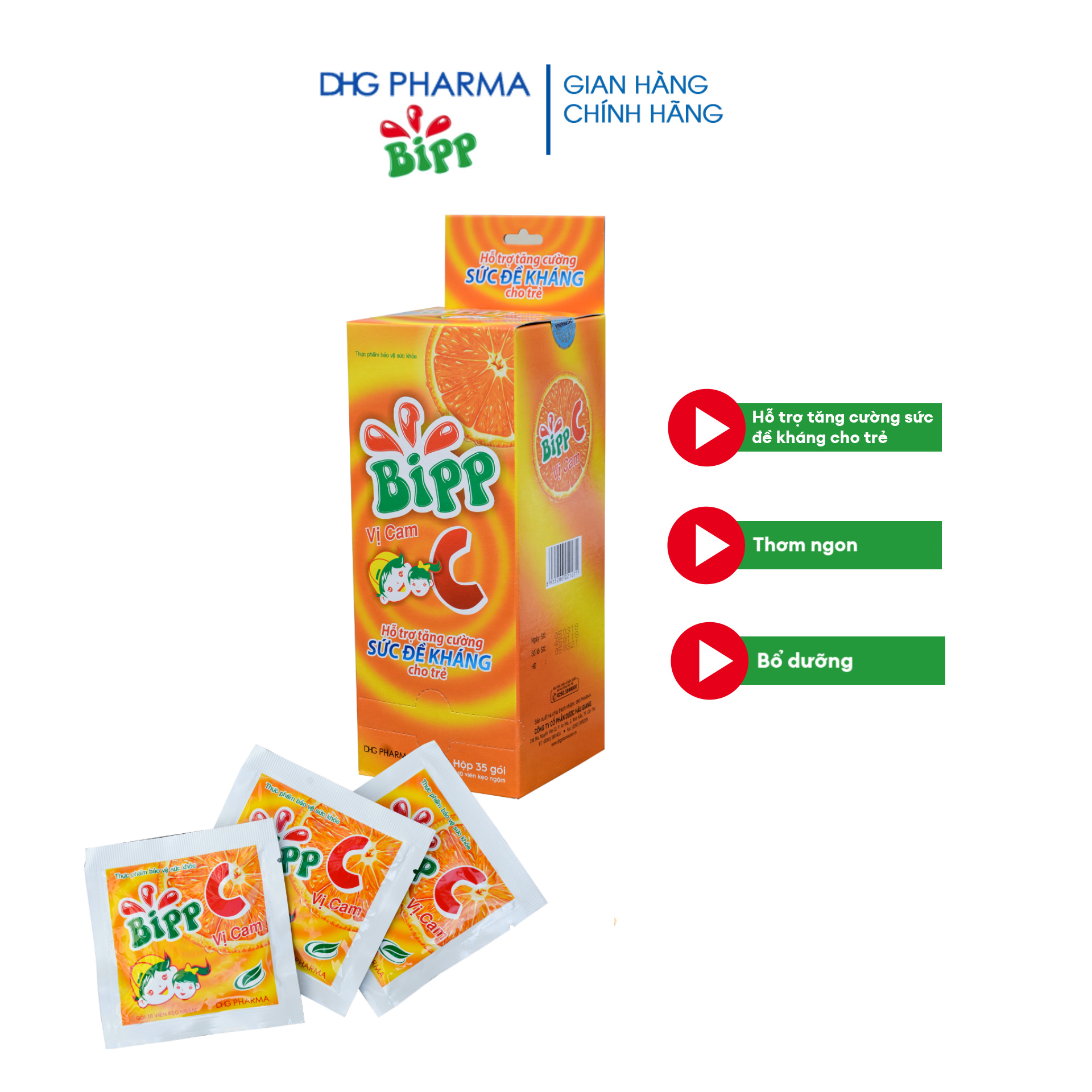 Kẹo ngậm BIPP C bổ sung vitamin C cho cơ thể, giúp tăng cường sức đề kháng, bảo vệ thành mạch Hộp 35 gói x 10 viên - Chính hãng DHG Pharma