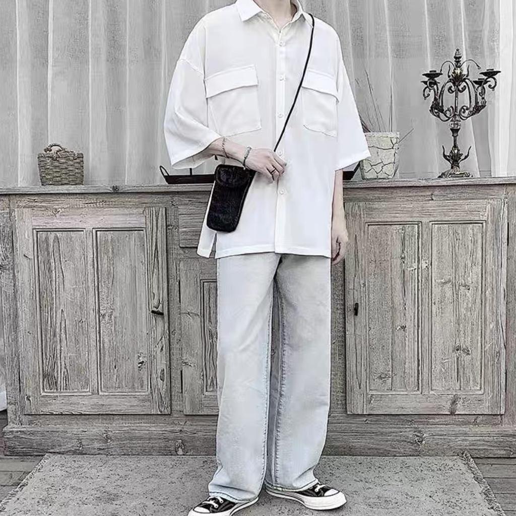 Áo sơ mi tay ngắn nam nữ unisex form rộng tay lỡ basic, chất vải đũi trơn Hàn cao cấp mịn, đi học đi chơi đi làm