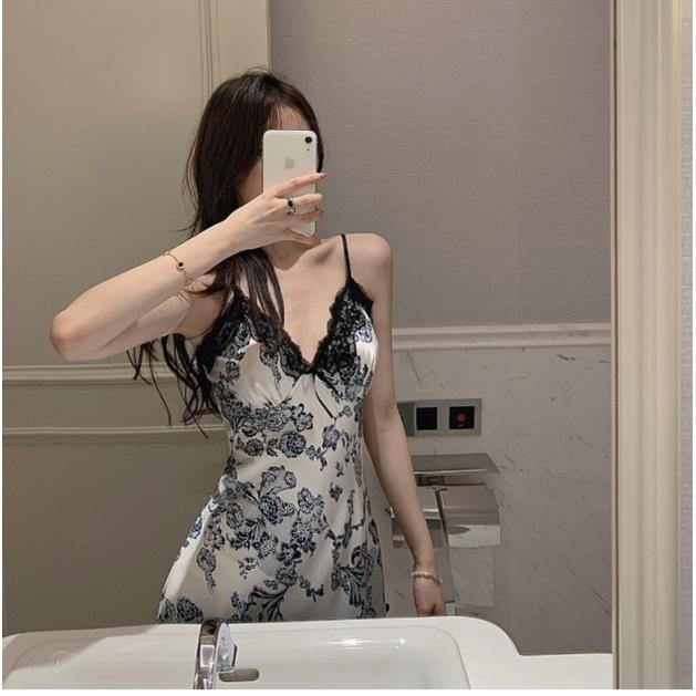 Váy ngủ sexy lụa băng lụa mùa xuân thu hè đồ bận nhà hoa phụ nữ BK16