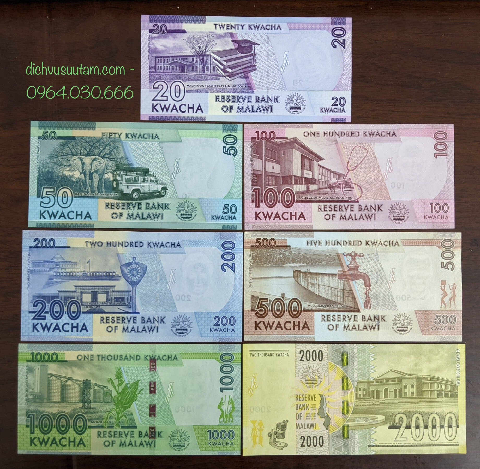 Bộ tiền Cộng hòa Malawi 7 tờ mệnh giá khác nhau mới cứng sưu tầm