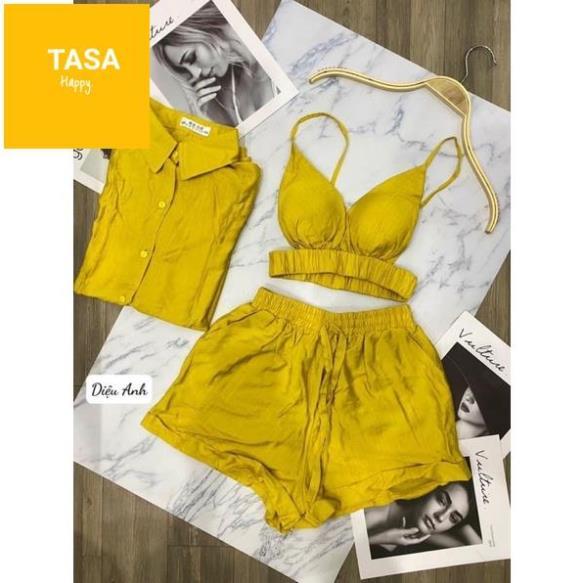 TCO Set bikini 3 món đi biển áo bra 2 dây kèm khoác sơ mi phối quần đùi 3 chi tiết nữ chất đũi cao cấp