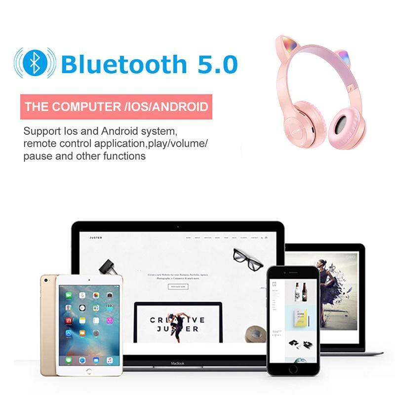 Tai Nghe Bluetooth 5.0 Không Dây P47 Có Đèn LED Hình Tai Mèo Có Thể Sạc Lại