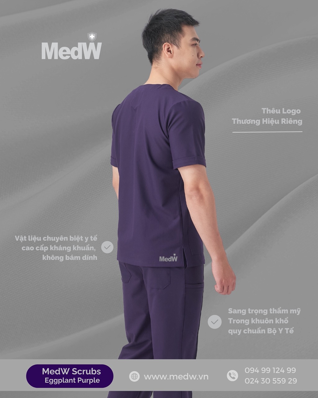 MedW Apollo Scrubs Y Tế Eggplant (Nam) Tím Cà Đậm Bộ Trang Phục Y Tế Bác Sĩ, Điều Dưỡng Phòng Khám Bệnh Viện Thẩm Mỹ Nha KHoa Da Liễu Vật Liệu Y Tế Cotton Xếp Ly Giữ Dáng. Thêu Tên Logo Thương Hiệu