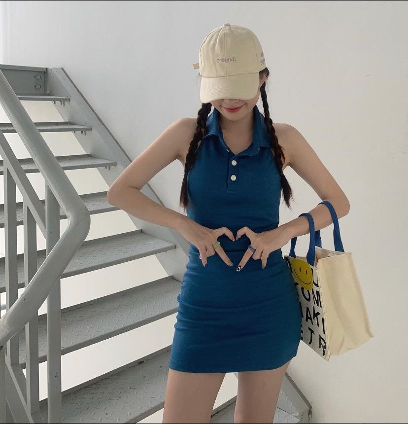 Đầm body thun ôm dáng cổ polo xanh dương năng động cá tính vải thun gân thời trang dành cho nữ carrotxinhdep