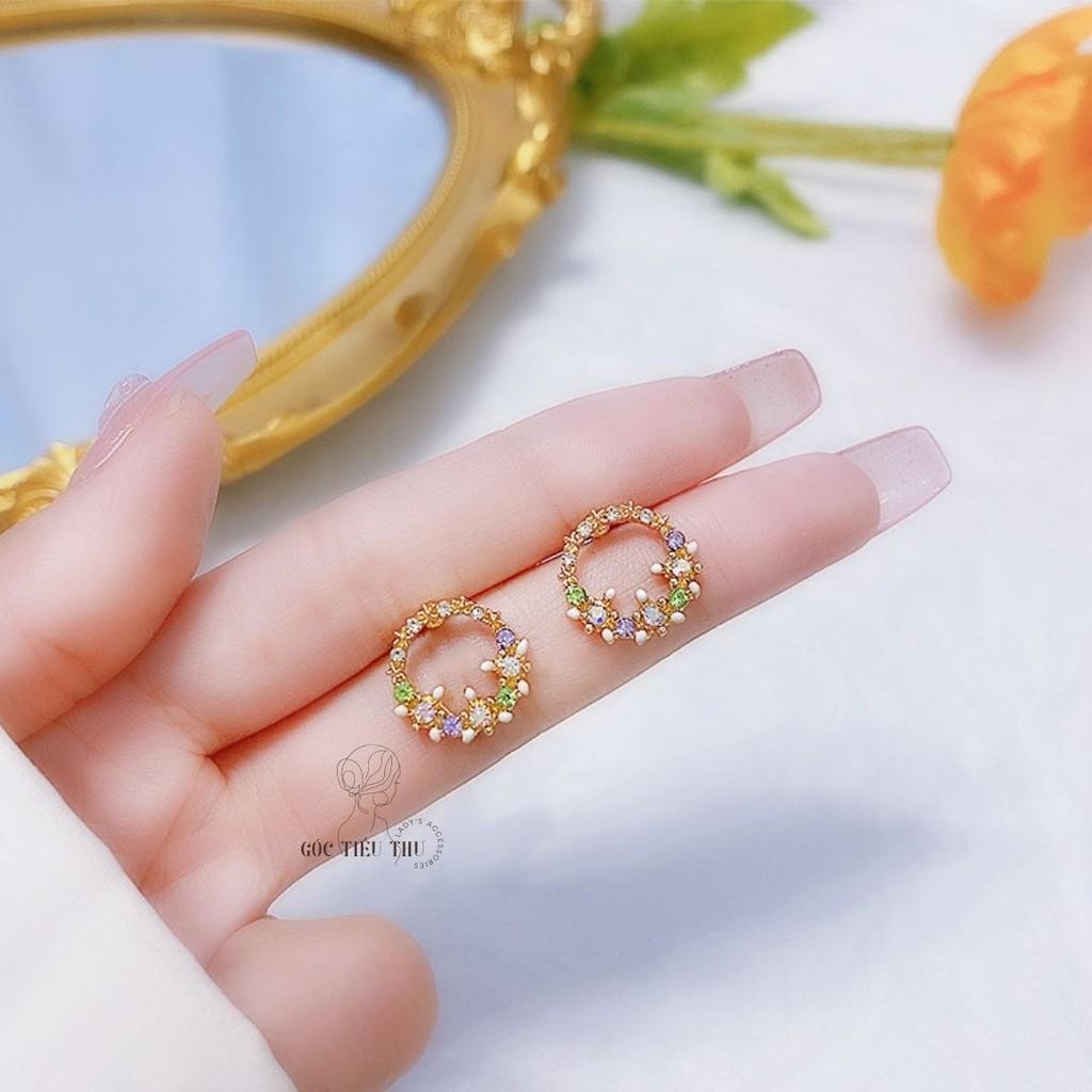 Bông Tai Bạc Dáng Tròn Viền Đá Nhiều Màu Xinh Xắn Cho Nữ - HT010