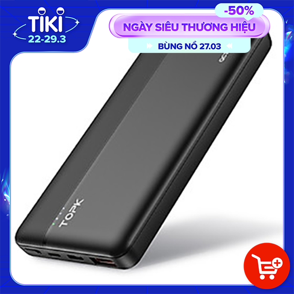 Pin dự phòng sạc nhanh 18W QC3.0 PD TOPK 10000mah i1015P Có IC Chống Quá Dòng Quá Áp - Hàng Chính Hãng