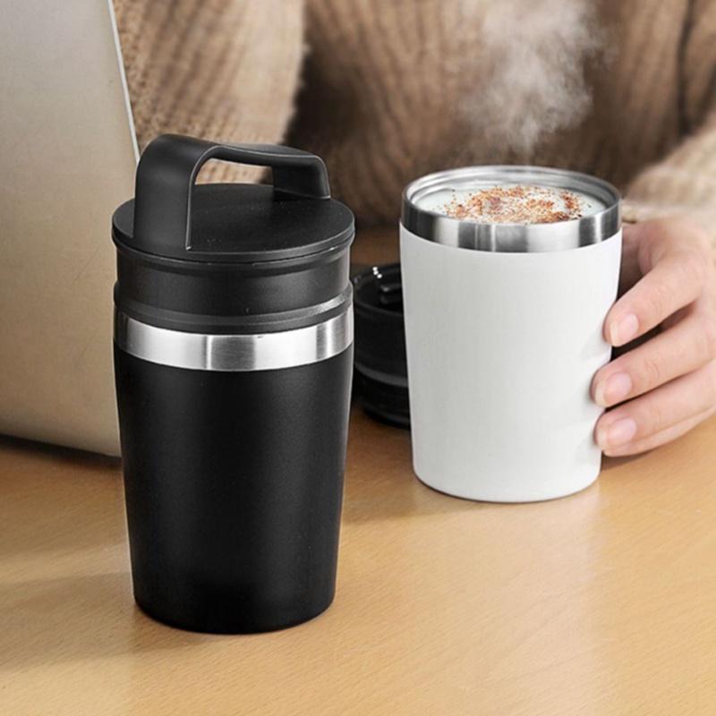 350ML Coffee Cup Portable Stainless Steel Water Cup Coffee Mug with Creative Lid Suitable for Home and Outdoor, Black