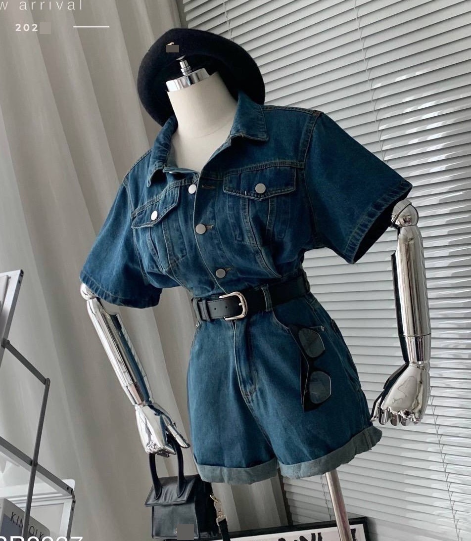 JUMPSUIT NGẮN ĐỒ BAY QUẦN ỐNG RỘNG SUÔNG TRƠN CỔ SƠ MI JEANS PLAYSUITS DENIM BO EO ĐI CHƠI ĐI PHƯỢT DẠO PHỐ  ĐI BIỂN