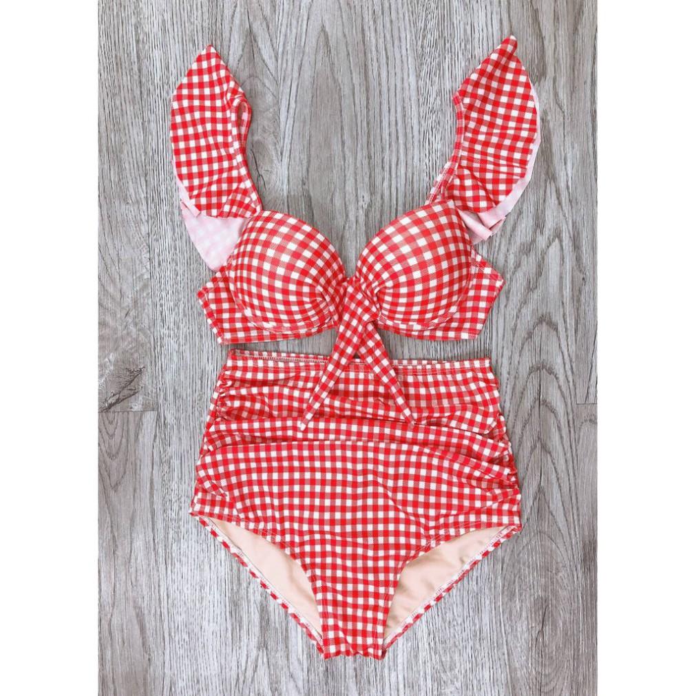 Bikini hai mảnh caro đỏ cam gọng nữ tính mặc đi biển đi bơi đẹp ( Hàng loại 1)
