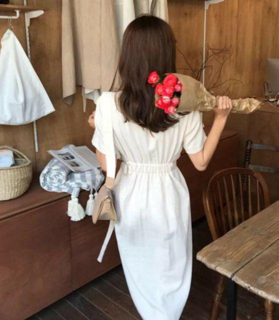Đầm váy trắng nút xéo form to
