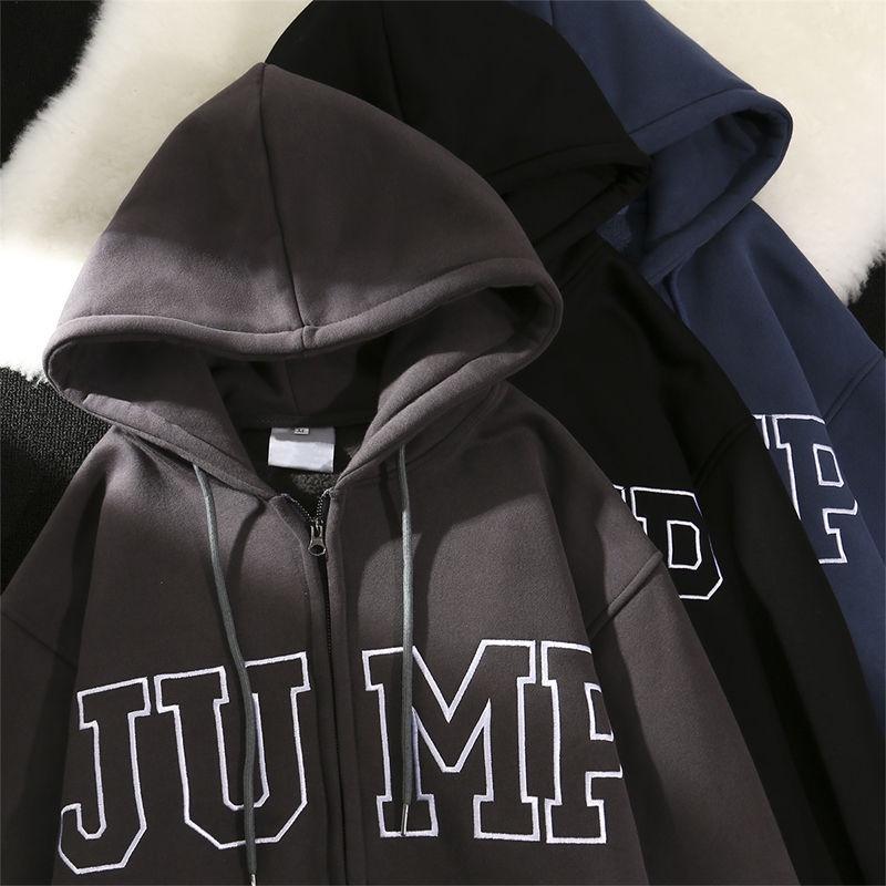 Áo khoác Nỉ Hoodie mũ 2 lớp from rộng tay bồng khóa kéo xanh than, Áo hoodie zip unisex in chữ JUMP .